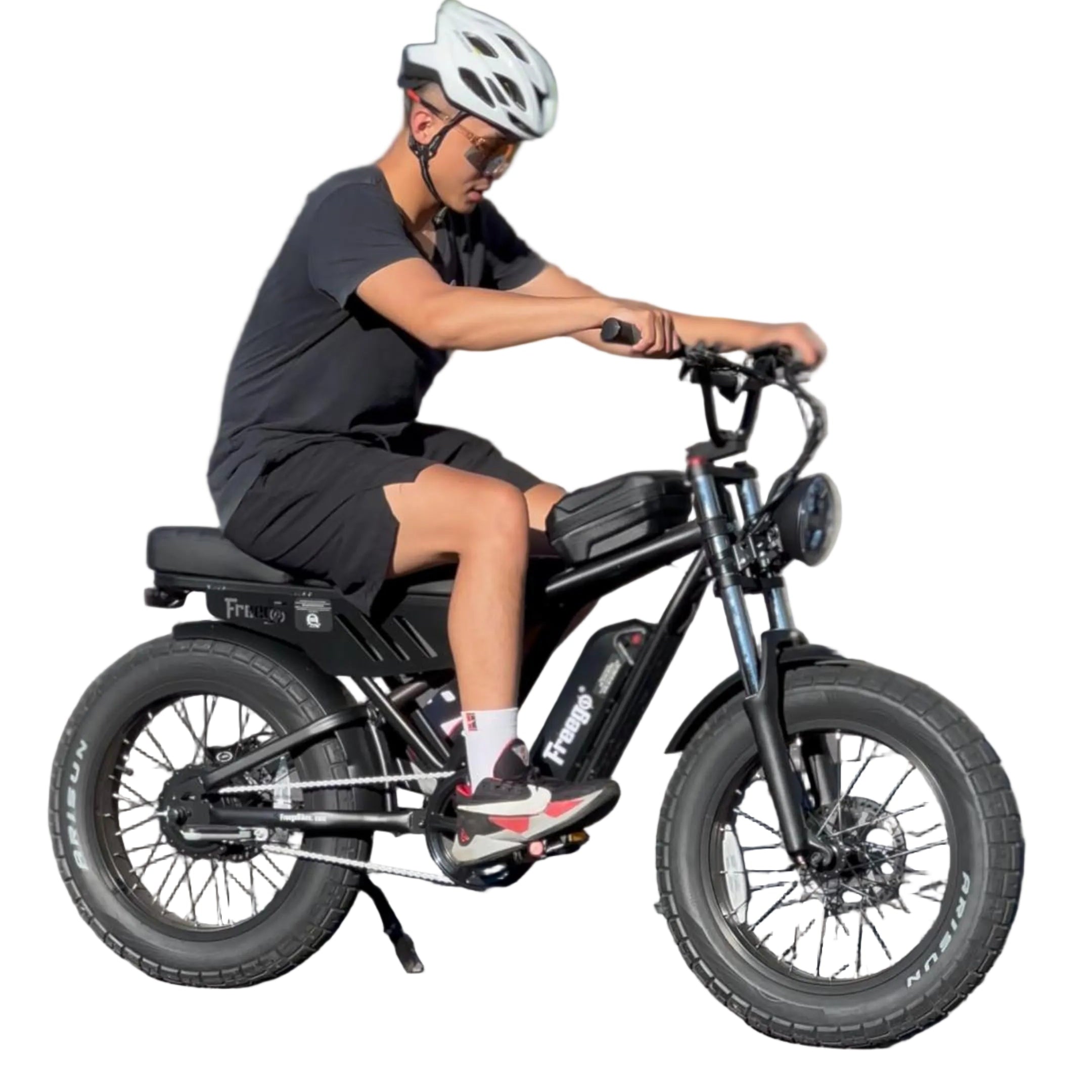 Person riding an electric bike with speed information displayed