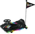 Black children's go-kart with colorful LED lights and a Razor flag on a white background
