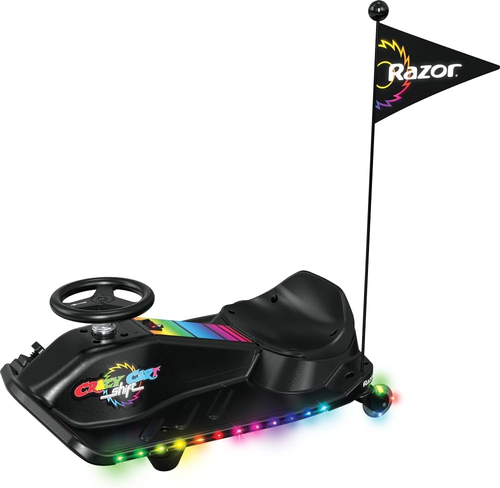 Black children's go-kart with colorful LED lights and a Razor flag on a white background