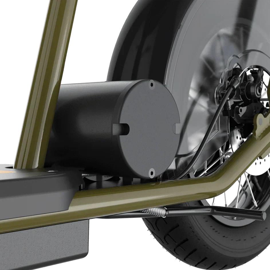 Close-up of a motorcycle's exhaust system and wheel on a white background