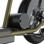 Close-up of a motorcycle's exhaust system and wheel on a white background