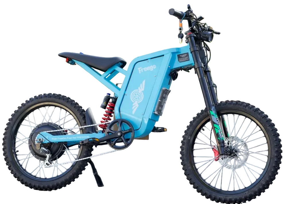 Blue electric bike on a paved road with greenery in the background