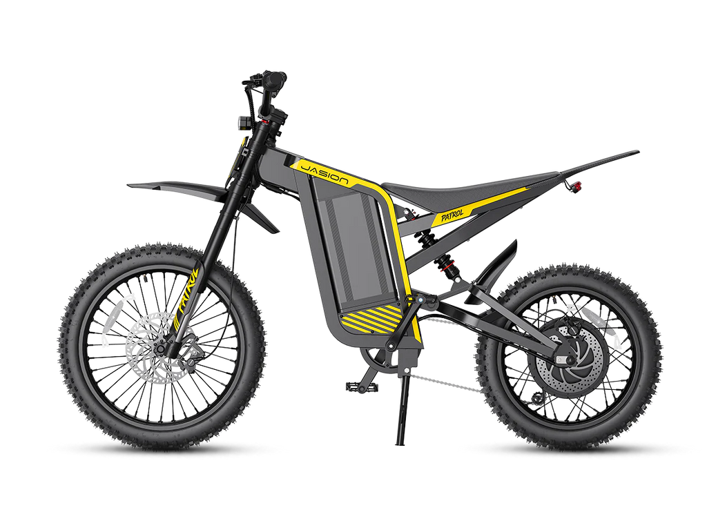 Electric bike with a black and yellow design on a white background