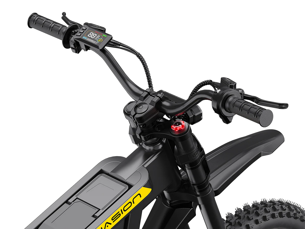 Close-up of an electric bike handlebar with control buttons on a white background