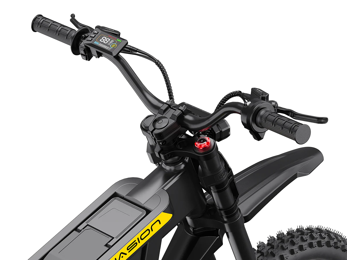 Close-up of an electric bike handlebar with control buttons on a white background