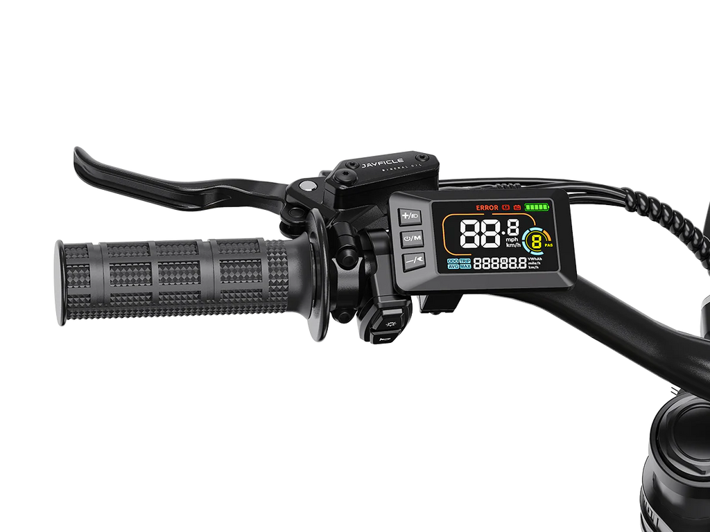 Close-up of a motorcycle handlebar with a digital display on a white background