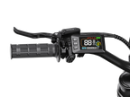 Close-up of a motorcycle handlebar with a digital display on a white background