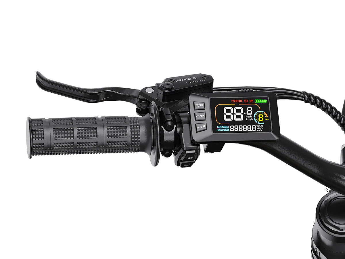 Close-up of a motorcycle handlebar with a digital display on a white background