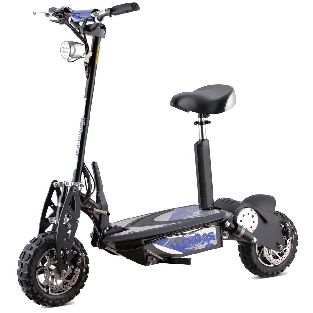 Black electric scooter with a seat on a white background