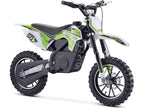 Children's electric dirt bike with green and black design on a white background
