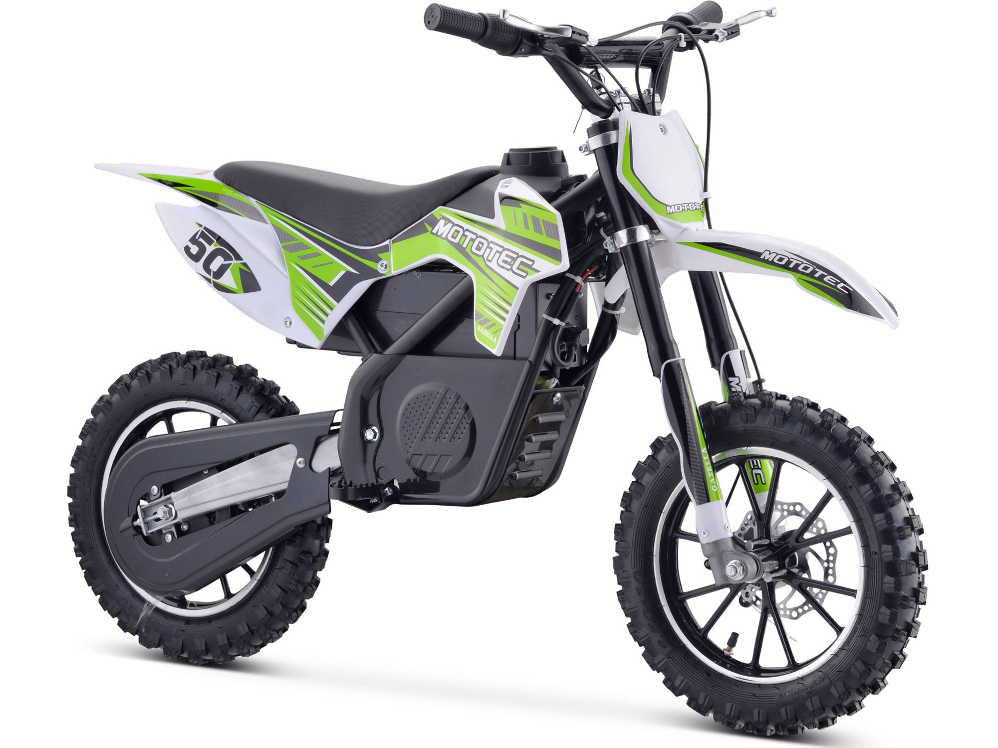 Children's electric dirt bike with green and black design on a white background