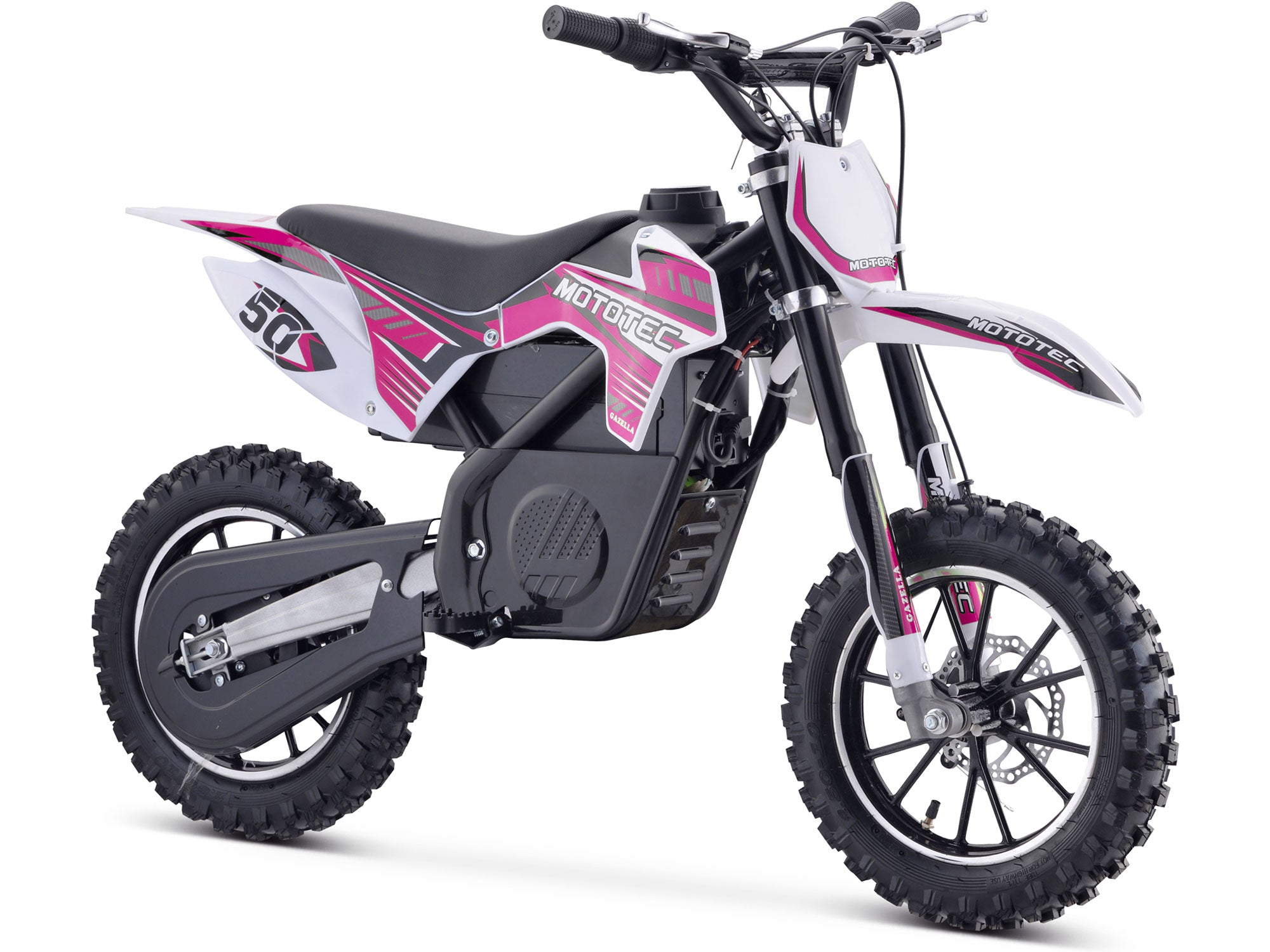 Children's dirt bike with pink and white design on a white background