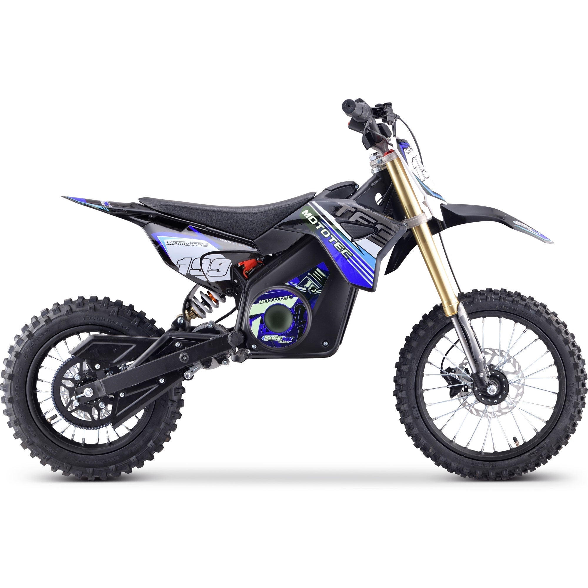 Black and blue dirt bike on a white background