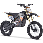 Children's dirt bike with black and orange design on a white background