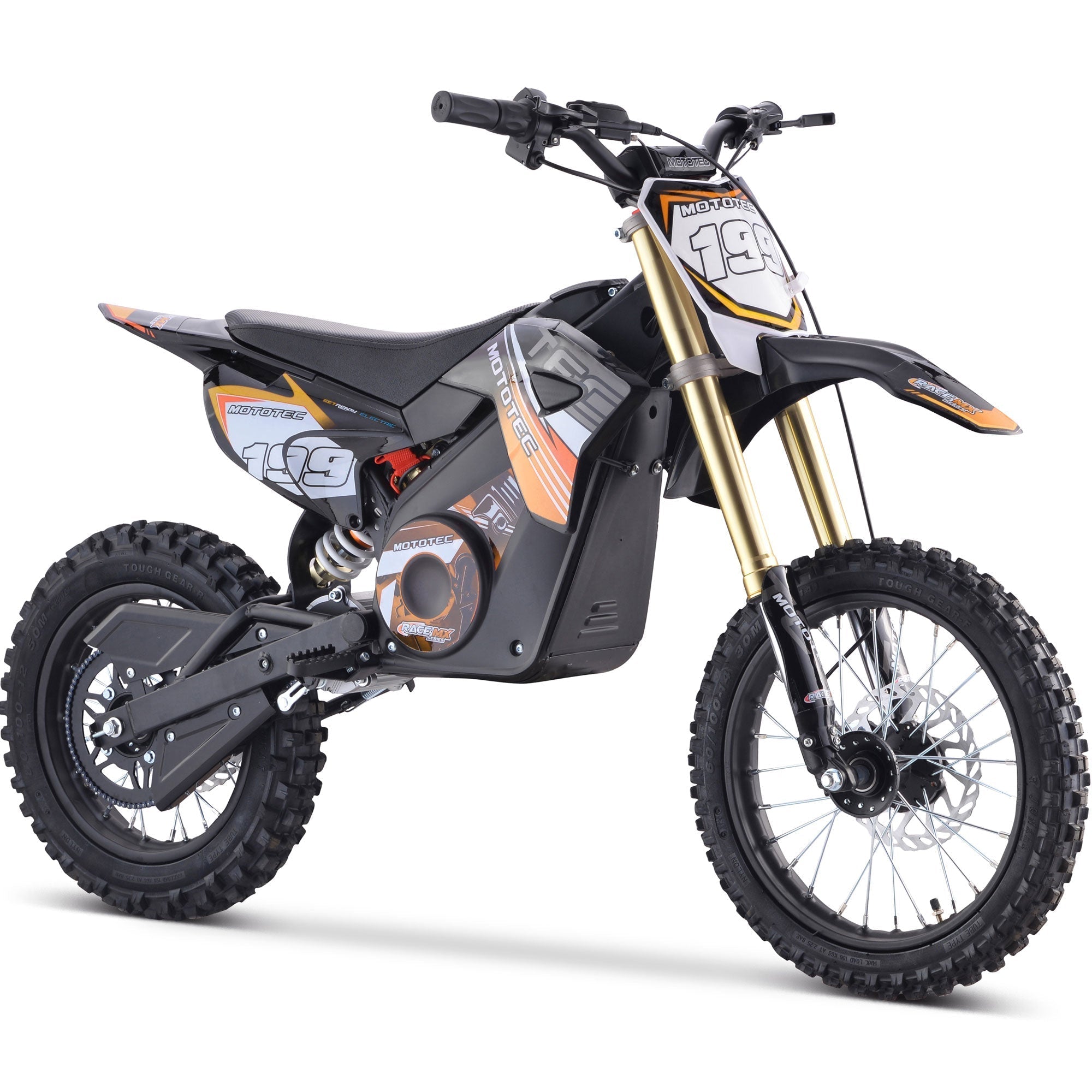 Children's dirt bike with black and orange design on a white background