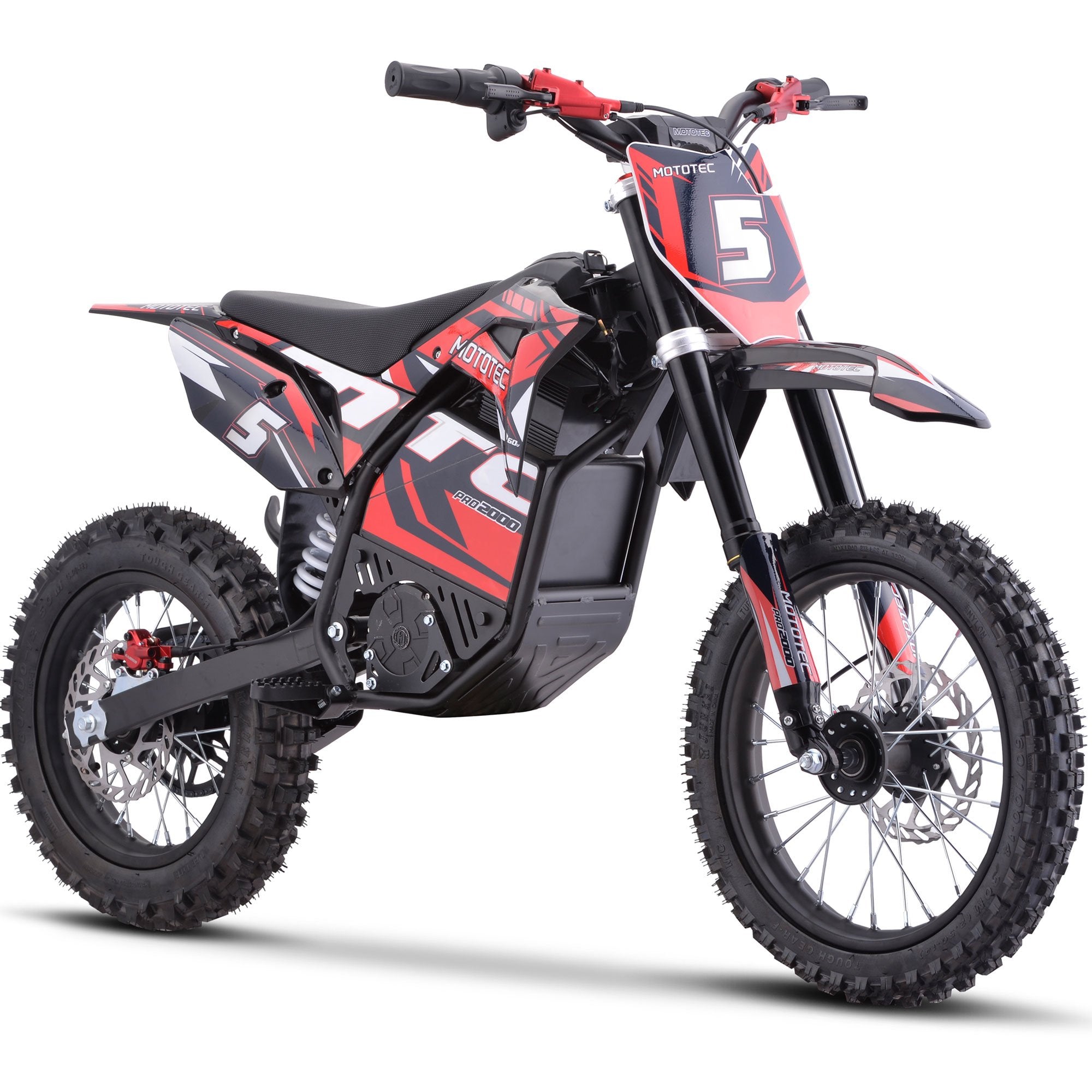 Red and black electric dirt bike on a white background