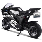 Black motorcycle with white accents on a white background