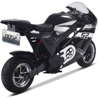 Black motorcycle with white design on a white background