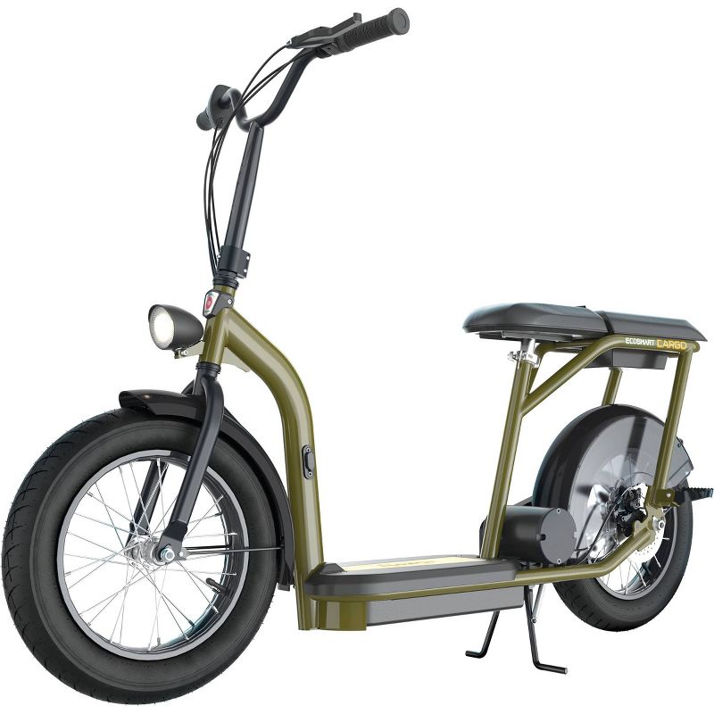Green electric scooter with a seat on a white background