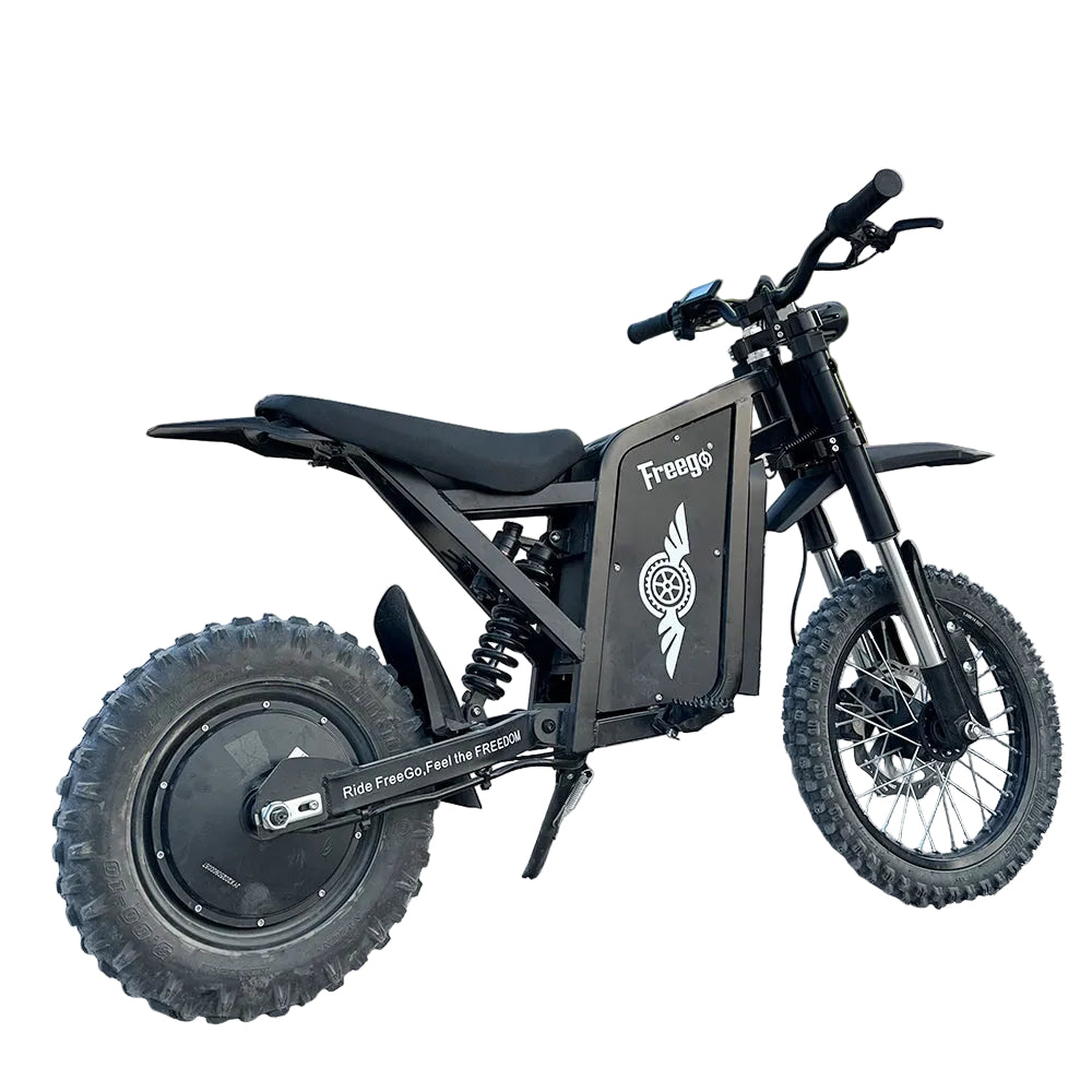 Black electric bike with 'FreeGo' branding on a gravel surface with greenery in the background